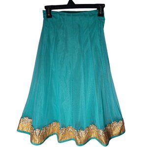Elegant Midi Skirt Embroidered Size Small Teal Fairycore Floral Costume Mesh
